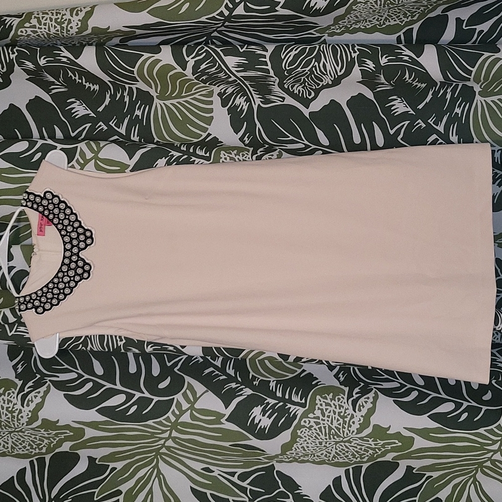 Pre-owned Betsey Johnson Women's Pearl Collar Scuba Crepe Dress, Almond Size 8